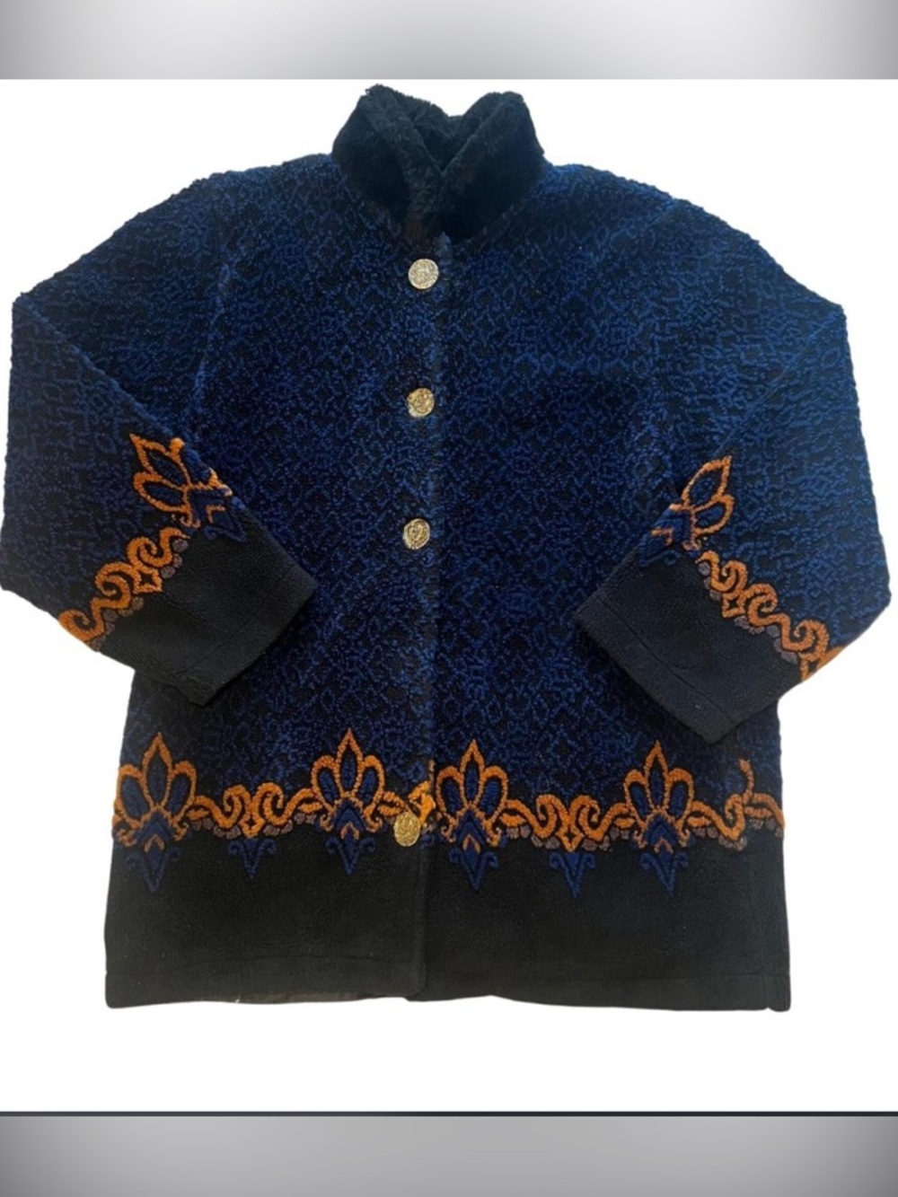 VTG 90s Duffel Outdoor Womens M Blue Orange Fleece Abstract Sweater Jacket